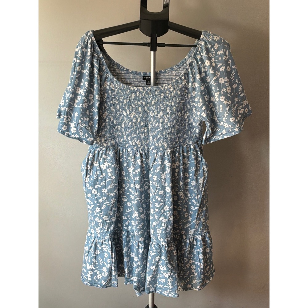 Torrid Mini Dress Womens 2 Blue White Floral Smocked Pockets Cottagecore Fairy